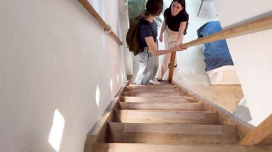 My girlfriend touches me on the stairs of our family home, we almost get caught!!