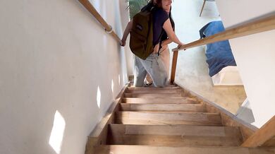 My girlfriend touches me on the stairs of our family home, we almost get caught!!