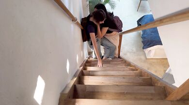 My girlfriend touches me on the stairs of our family home, we almost get caught!!