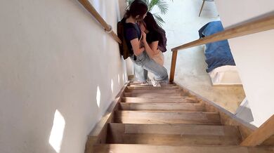 My girlfriend touches me on the stairs of our family home, we almost get caught!!