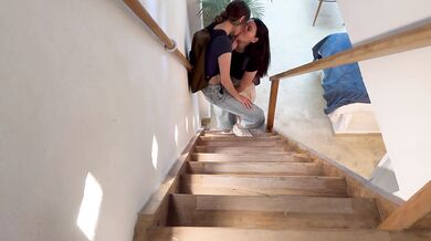 My girlfriend touches me on the stairs of our family home, we almost get caught!!