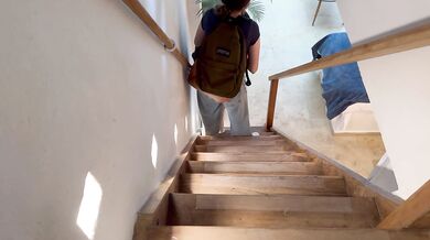 My girlfriend touches me on the stairs of our family home, we almost get caught!!