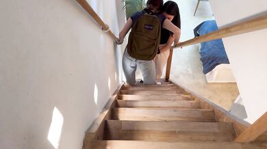 My girlfriend touches me on the stairs of our family home, we almost get caught!!