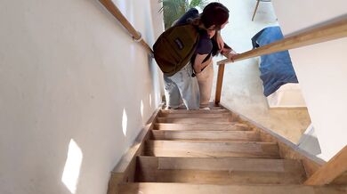 My girlfriend touches me on the stairs of our family home, we almost get caught!!