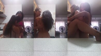 trio of hot girls have sex in the kitchen of my house.