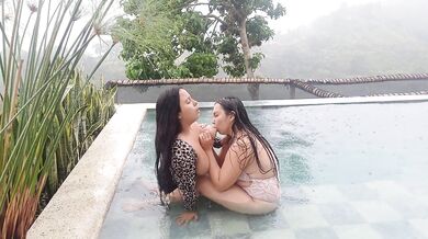 playing in the pool and sucking her tits