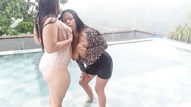 playing in the pool and sucking her tits