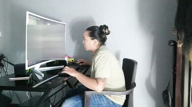 Teaching my stepmom to play video games she sits down and puts her big ass on me