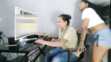 Teaching my stepmom to play video games she sits down and puts her big ass on me