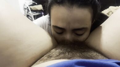 Lesbian sucking her boyfriend's hairy pussy before going to bed