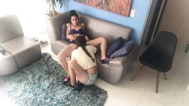 He kissed my stepsister's pussy and feet, we touched our pussies and kissed on the living room couch