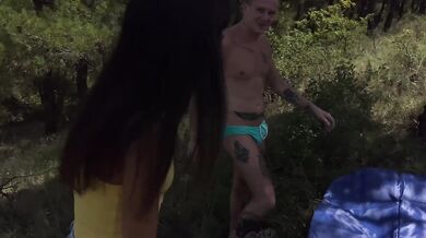 Bi threesome - a cute athletic couple agreed to have sex with a stranger in the woods