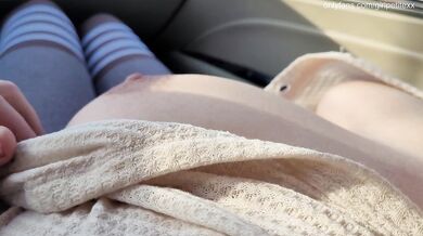 Big Sensitive Boobs of My Stepsister Teasing in the Car without Bra