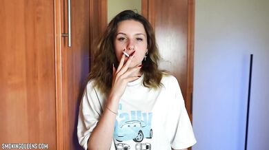 (ALL 24 scenes) Ramona Lynn is smoking all-white Virginia Slims 120s cigarettes at home using matches 4K resolution