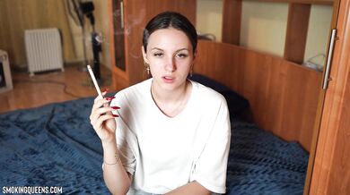 (ALL 24 scenes) Ramona Lynn is smoking all-white Virginia Slims 120s cigarettes at home using matches 4K resolution