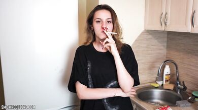 (ALL 24 scenes) Ramona Lynn is smoking all-white Virginia Slims 120s cigarettes at home using matches 4K resolution