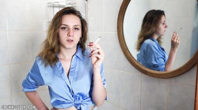 (ALL 24 scenes) Ramona Lynn is smoking all-white Virginia Slims 120s cigarettes at home using matches 4K resolution