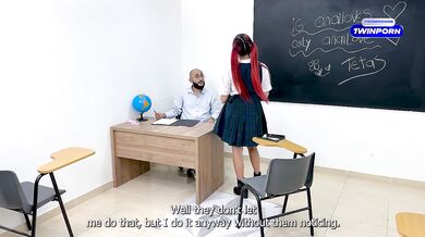 Innocent student gets fucked by her teacher in the classroom and he bathes her with his cum