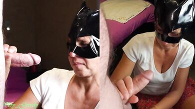 MILF with the catwoman mask sucks off her husband & gets a huge load on his face then licks the cum