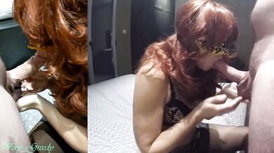 Redhead MILF in sexy lingerie and stockings gives a blowjob and takes a big cumshot on her big tits