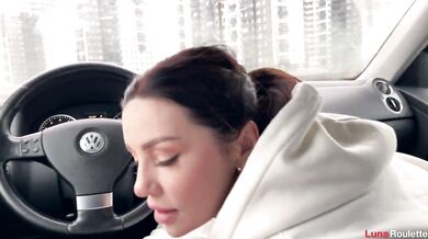Hot blowjob in the parking lot with cum swallowing