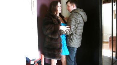 Fucked a neighbor in a fur coat on the stairwell while her husband at work!