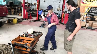 Blonde wife with big tits gets sucks dick in the garage