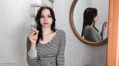 (ALL 30 scenes) Tina is smoking all-white Winston cigarettes at home using matches 4K resolution