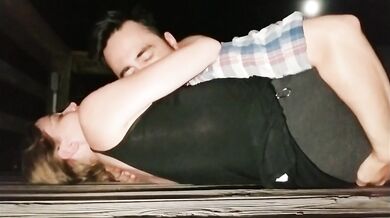 Nursing on a Public Pier at Night - Button cums 2x from nipple stimulation