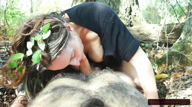 POV Cocksucking and Wet Sloppy Handjob in Woods; Leaves in her Hair, Tits Squeezed Out her Dress