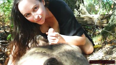 POV Cocksucking and Wet Sloppy Handjob in Woods; Leaves in her Hair, Tits Squeezed Out her Dress