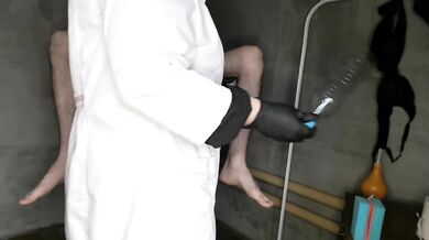 Chubby nurse instructing patient (handmade vagina for masturbation)
