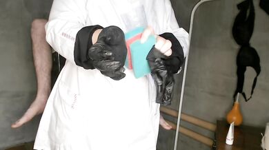 Chubby nurse instructing patient (handmade vagina for masturbation)