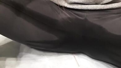 Pee desperation in yoga pants ending up big puddle on the floor