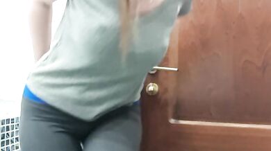 Pee desperation in yoga pants ending up big puddle on the floor