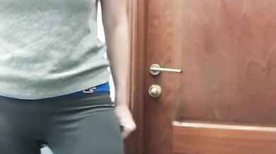 Pee desperation in yoga pants ending up big puddle on the floor