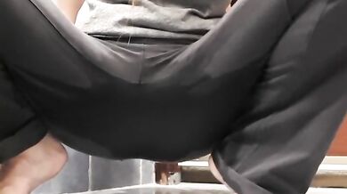Pee desperation in yoga pants ending up big puddle on the floor