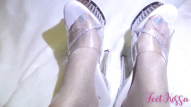 White bodysuit, glossy pantyhose, high heels