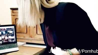 stepmother surprises her stepson and sucks his cock in front of a porn movie