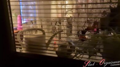 Slut-Orgasma Celeste behind the window throating a dildo and masturbating 2