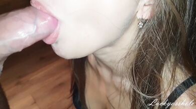 Amazing slobbering blowjob from hot stepmom with deep throat & eating cum