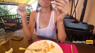 Eating burger and flashing in the cafe Transparent T-shirt No Bra (teaser) v2