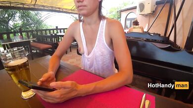 Eating burger and flashing in the cafe Transparent T-shirt No Bra (teaser) v2