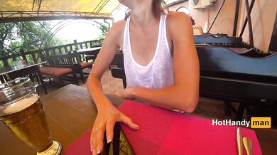 Eating burger and flashing in the cafe Transparent T-shirt No Bra (teaser) v2