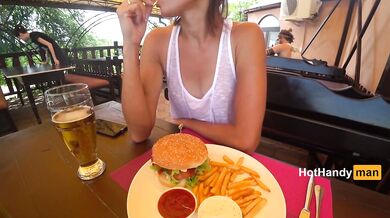 Eating burger and flashing in the cafe Transparent T-shirt No Bra (teaser) v2