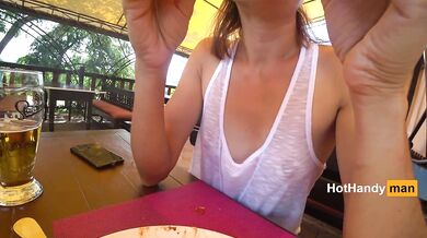 Eating burger and flashing in the cafe Transparent T-shirt No Bra (teaser) v2