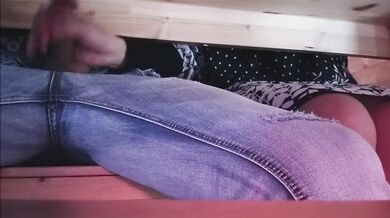 stepmom plays with her stepson's cock under the restaurant table