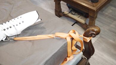 Miss Maskerade Latex couple blowjob and bondage in full rubber with master and slave