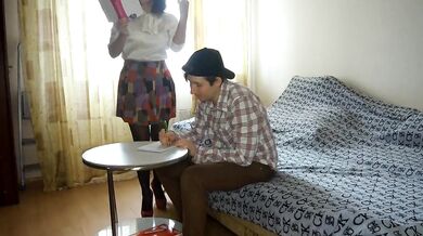 Cumshot on teacher's glasses during home exam!