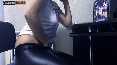 MILF secretary in leather pants risky masturbation and orgasm at work